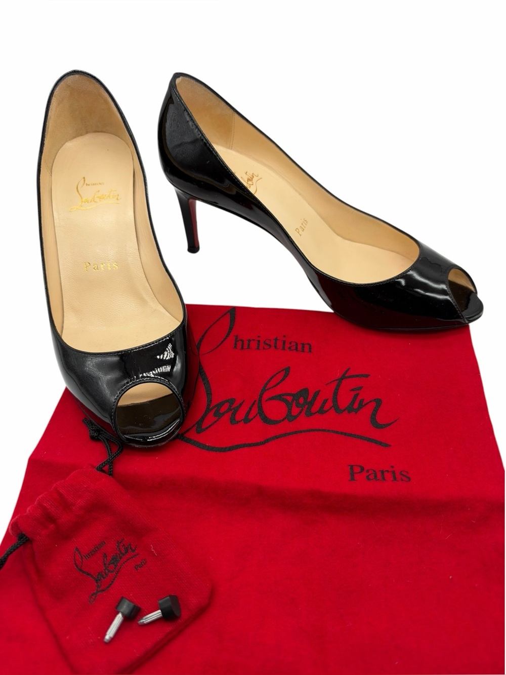 CHRISTIAN LOUBOUTIN Black Patent Leather Mater Claude 85 Peep Toe Pumps 36/6